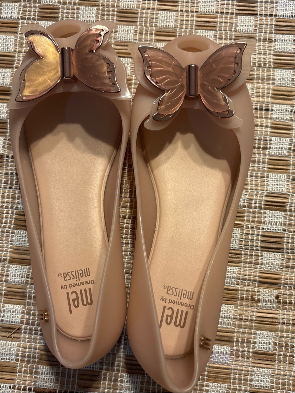 Mel by Melissa Blush Nude Jelly Flats with Rose Gold Butterfly